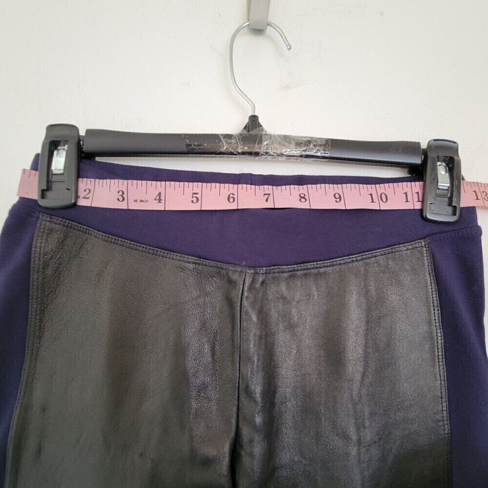 Sandro Velvet Blue Black Cuir Vachette Leather Panel Long Legging Pants Size 0 - Picture 7 of 13